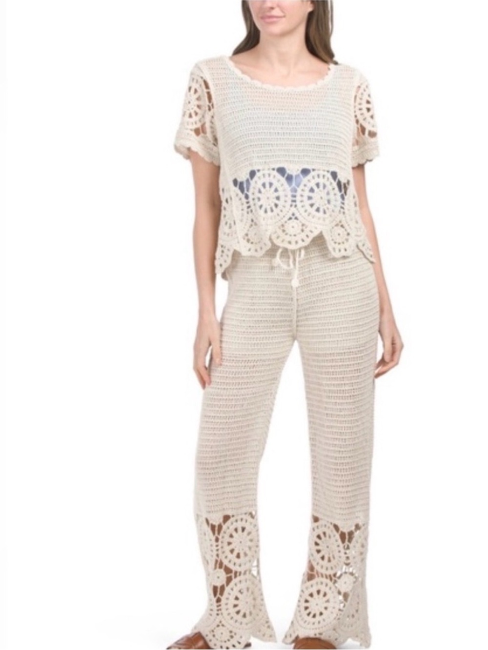 Solitaire Boho Crochet Medallion Scalloped Wide Leg Pants Cream / Natural - SM